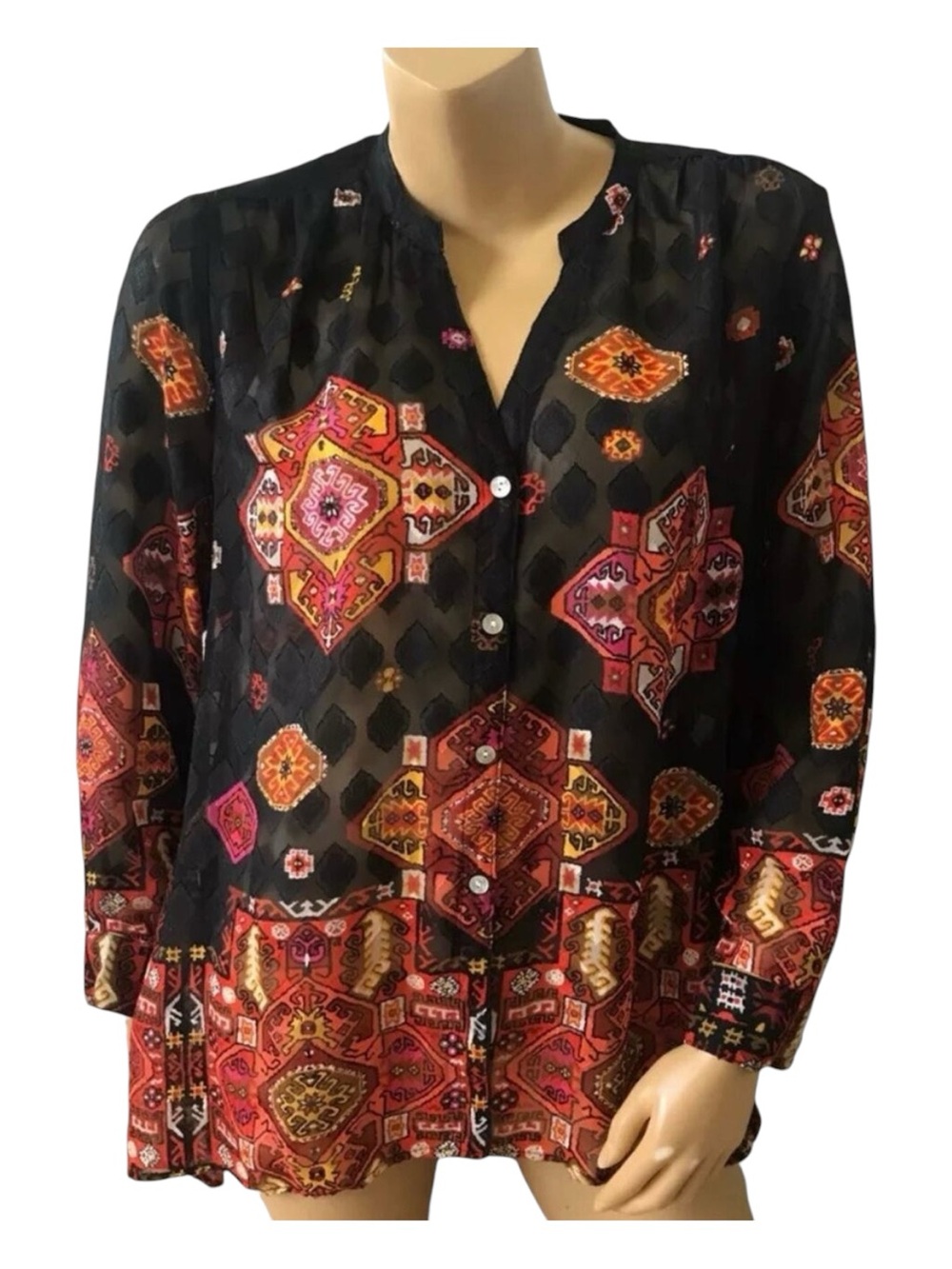 Ruby Rd Blouse Womens 16P Petite Sheer Geometric Print Button Front Long Sleeve